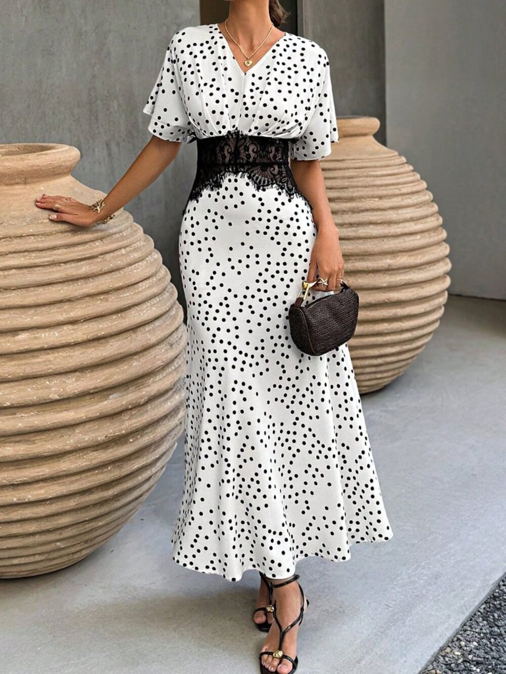 Multicolor Elegant Women's Polka Dot Lace Waist Short-Sleeve Dress